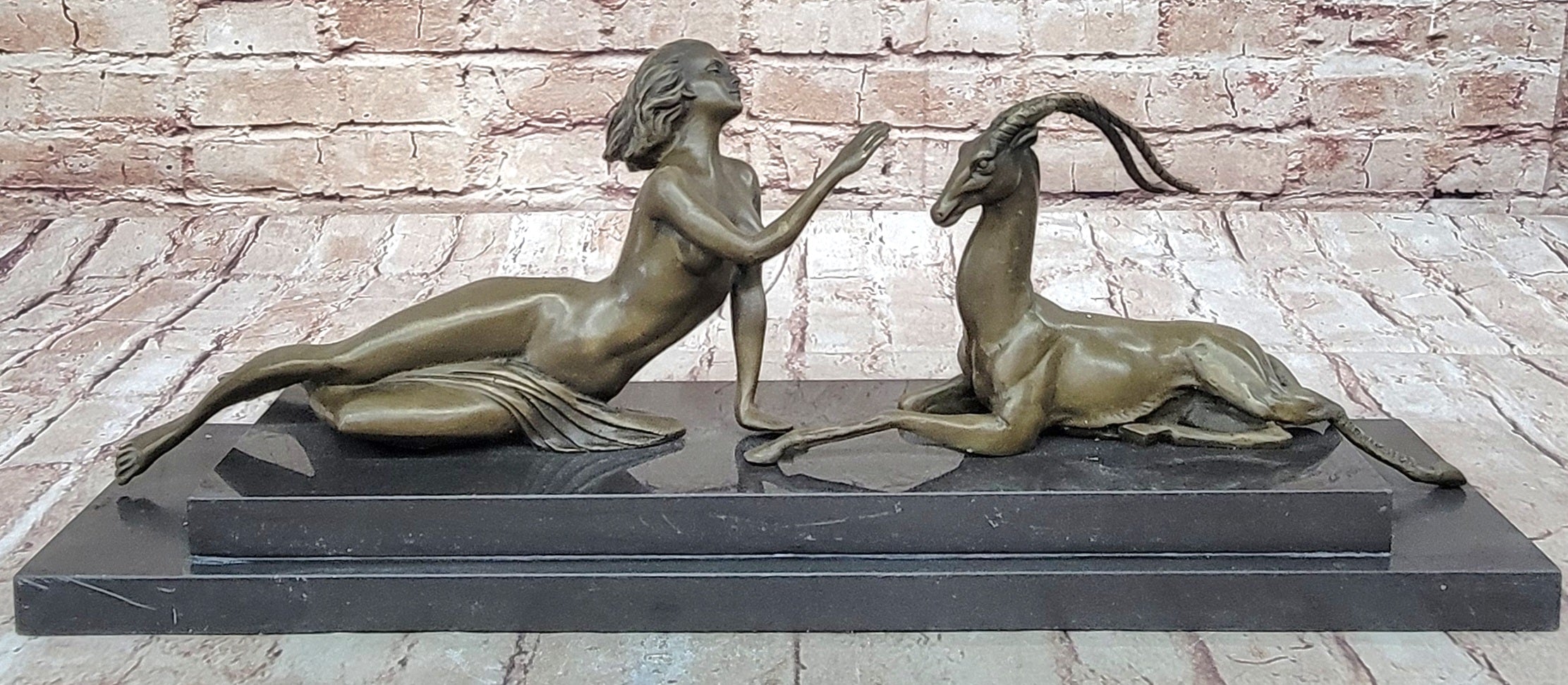 Art Deco Nude Diana Female with Goat Bronze Sculpture Lost Wax Method Figurine Figure