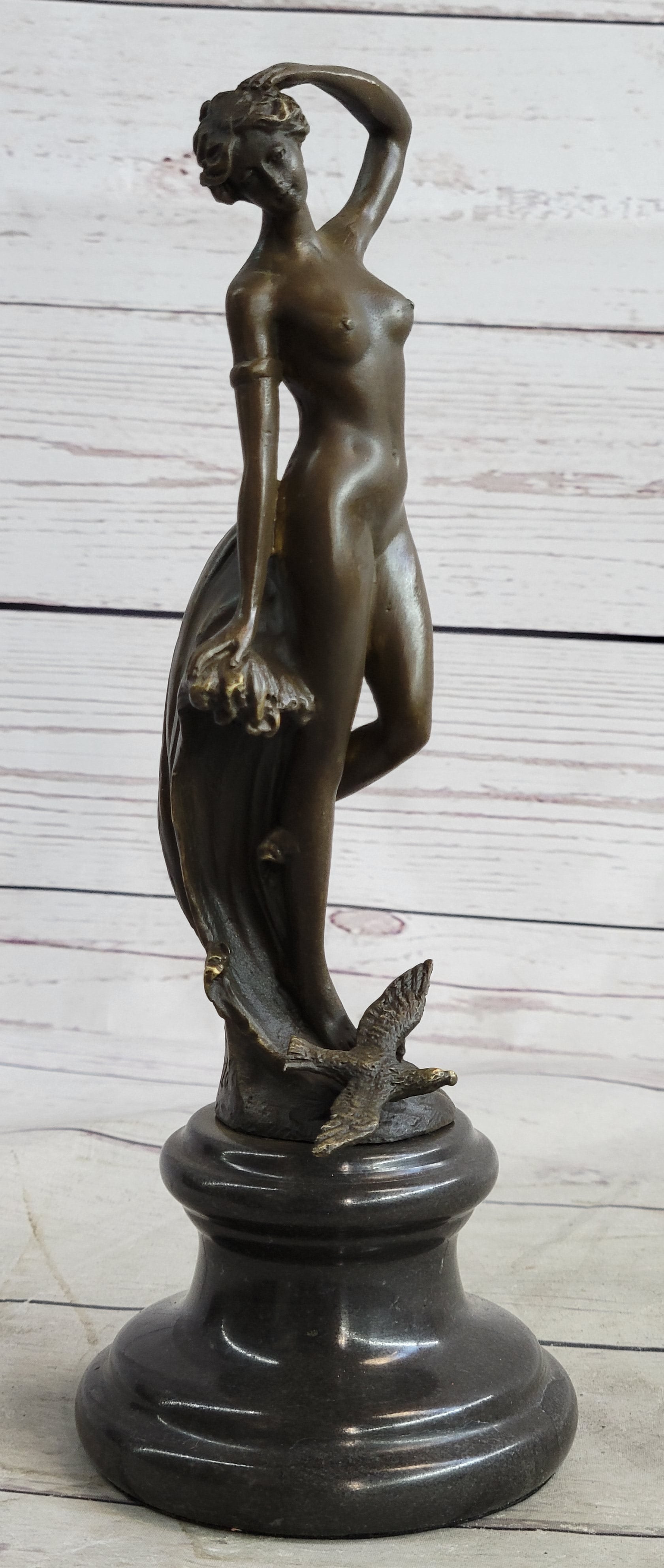 Nude Female Figure Bronze Sculpture Naked Girl Among Waves Signed Art