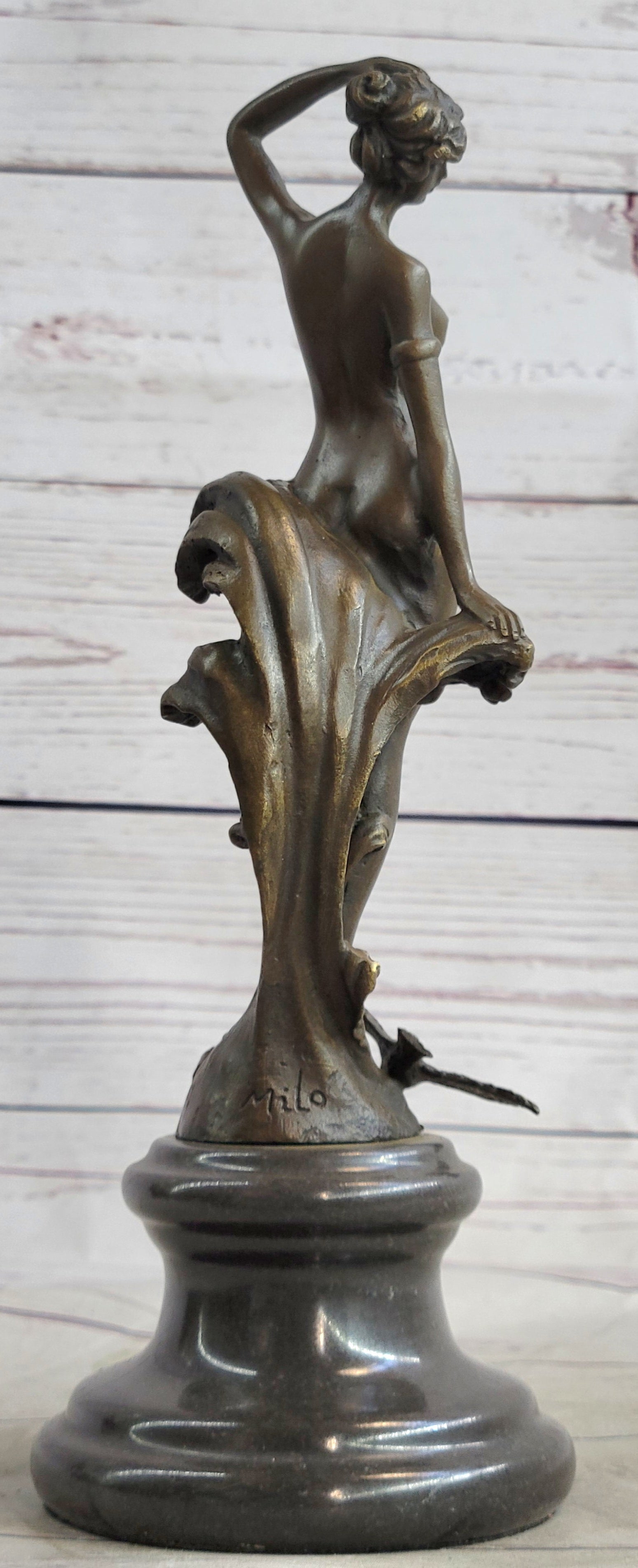 Nude Female Figure Bronze Sculpture Naked Girl Among Waves Signed Art