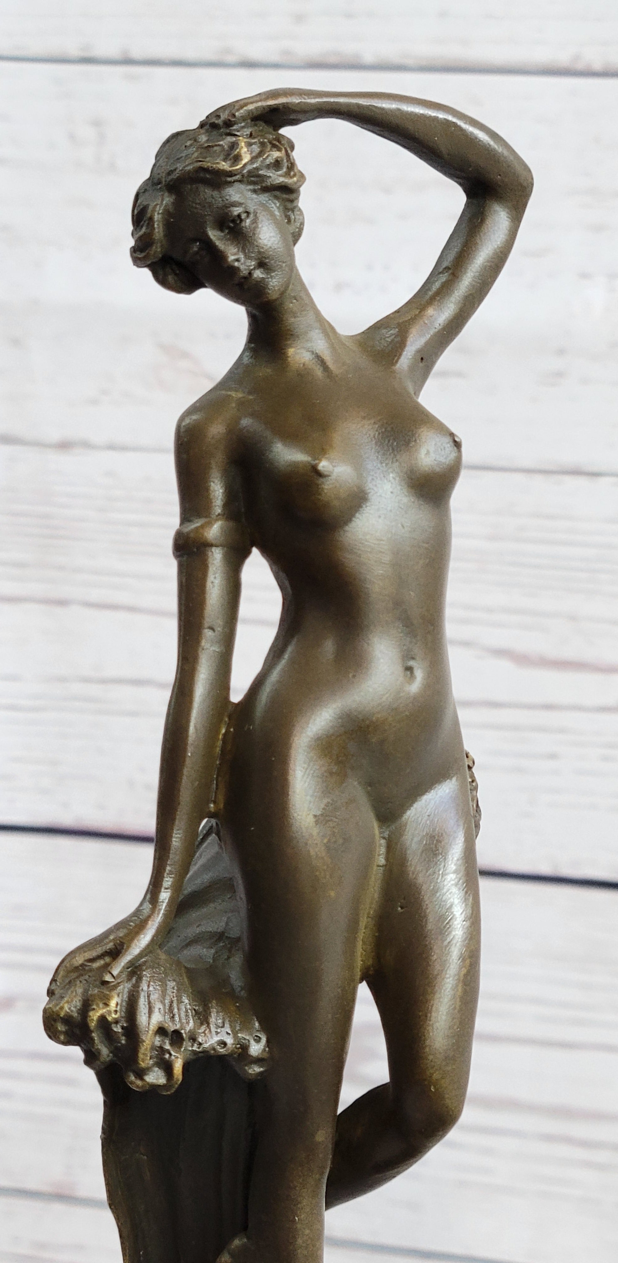 Nude Female Figure Bronze Sculpture Naked Girl Among Waves Signed Art
