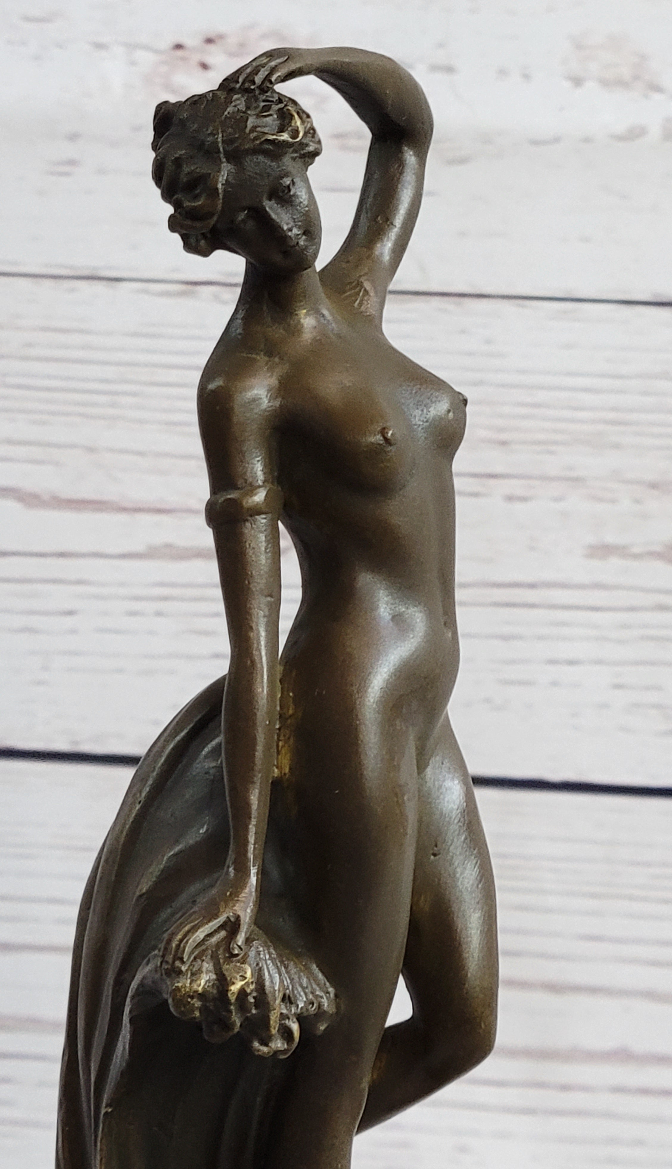 Nude Female Figure Bronze Sculpture Naked Girl Among Waves Signed Art