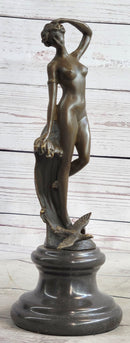 Nude Female Figure Bronze Sculpture Naked Girl Among Waves Signed Art