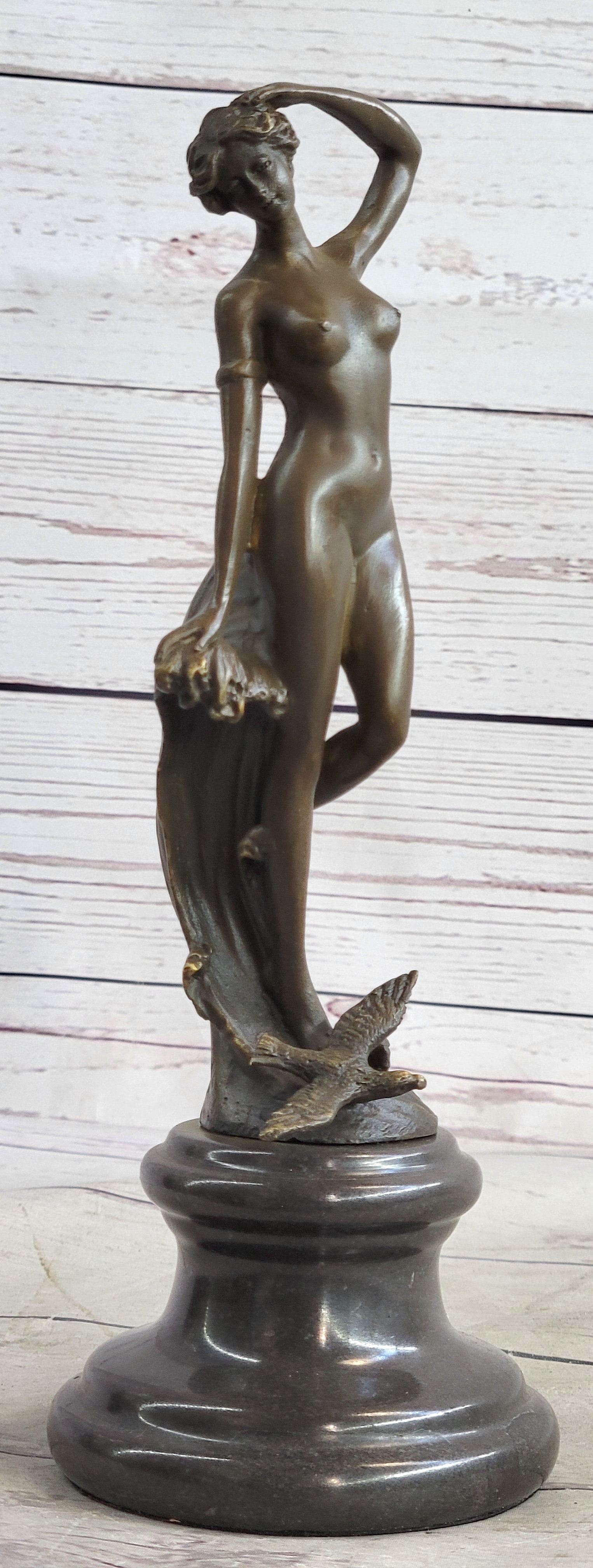 Nude Female Figure Bronze Sculpture Naked Girl Among Waves Signed Art