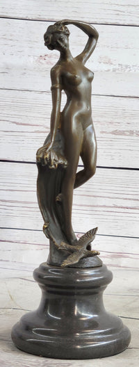 Nude Female Figure Bronze Sculpture Naked Girl Among Waves Signed Art