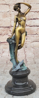 Nude Female Figure Among Ocean Waves Bronze Sculpture on Marble Base