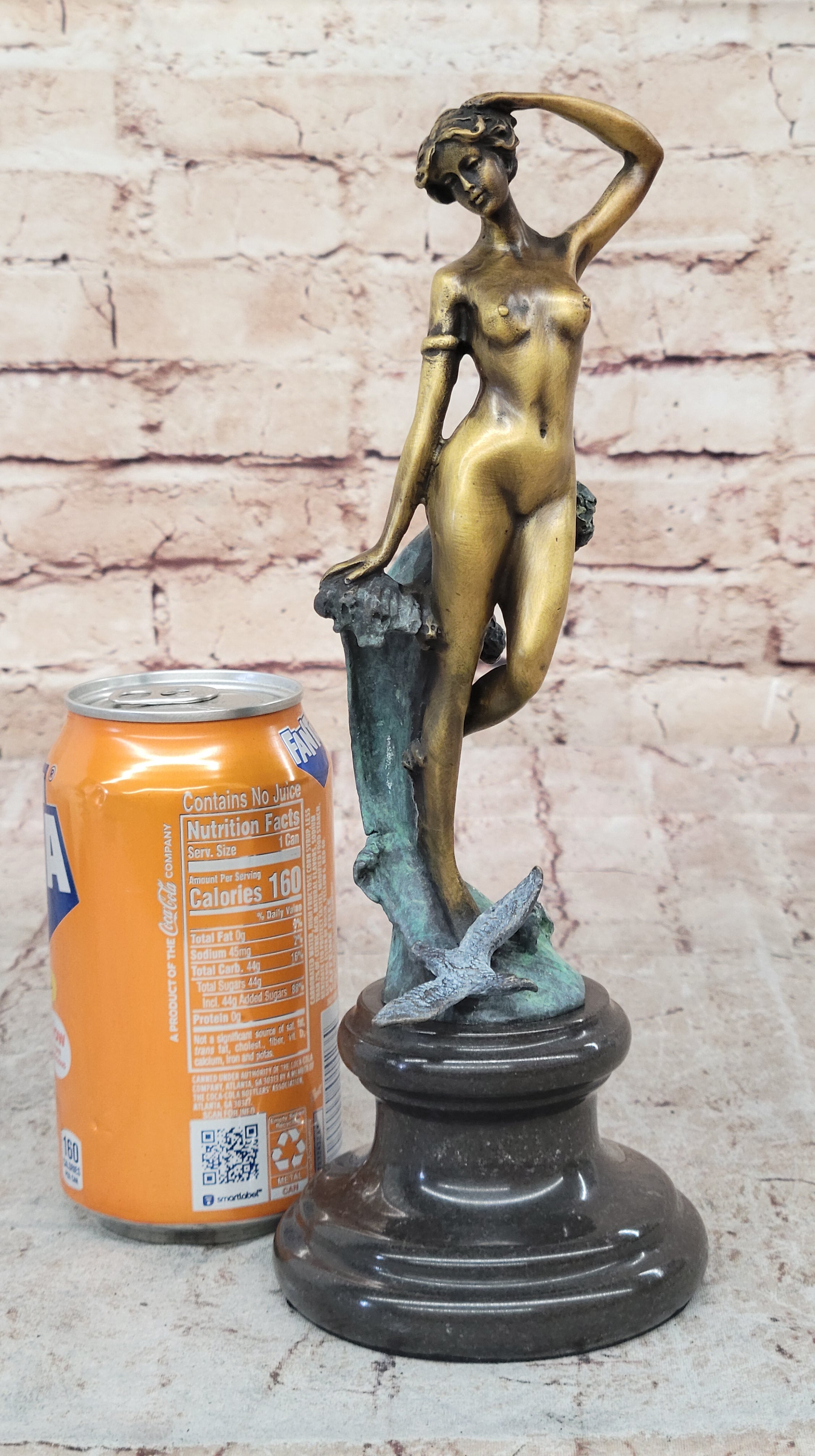 Nude Female Figure Among Ocean Waves Bronze Sculpture on Marble Base