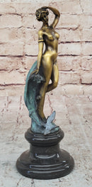 Nude Female Figure Among Ocean Waves Bronze Sculpture on Marble Base