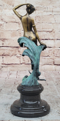 Nude Female Figure Among Ocean Waves Bronze Sculpture on Marble Base