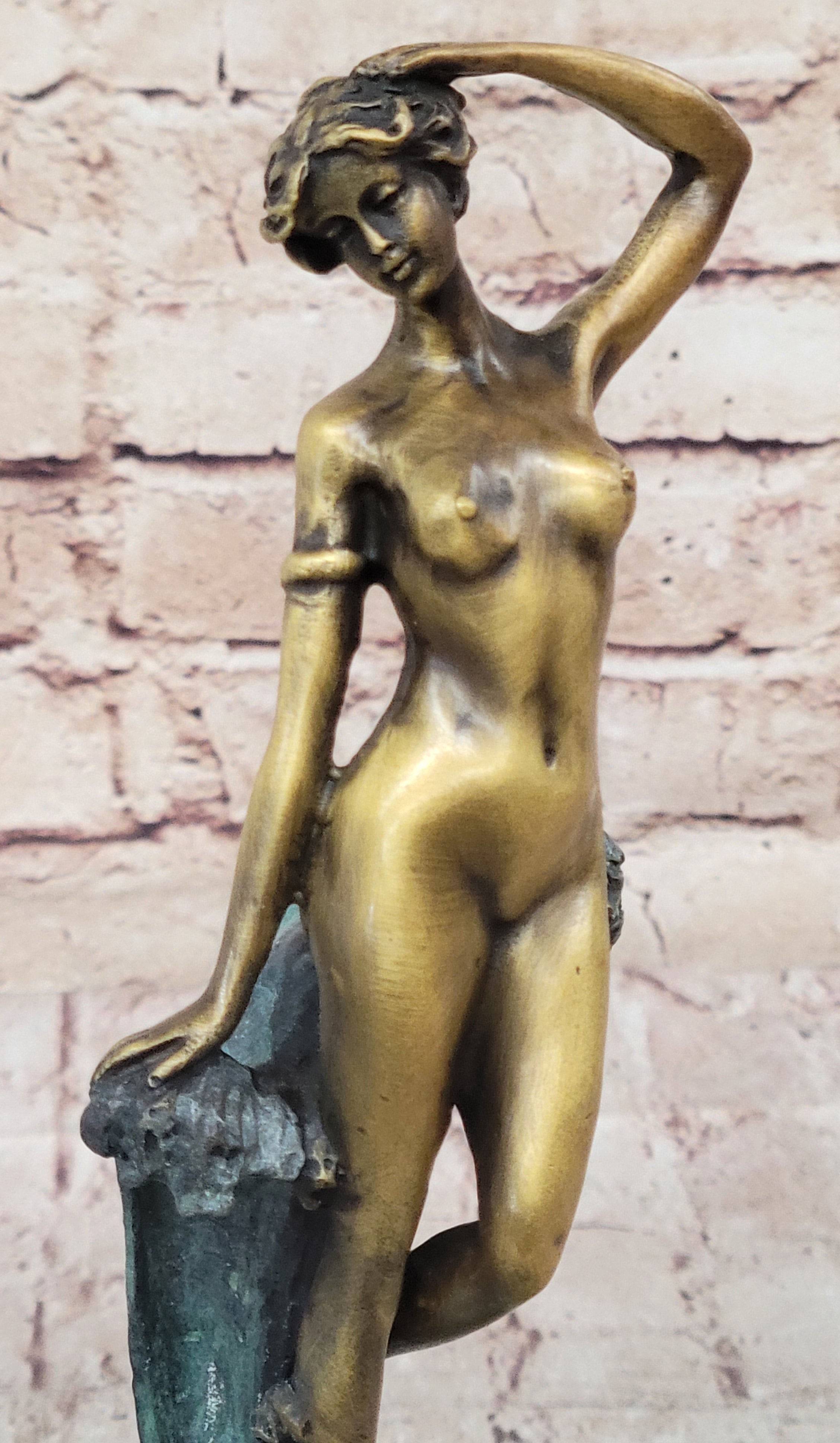 Nude Female Figure Among Ocean Waves Bronze Sculpture on Marble Base