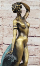 Nude Female Figure Among Ocean Waves Bronze Sculpture on Marble Base