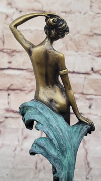 Nude Female Figure Among Ocean Waves Bronze Sculpture on Marble Base