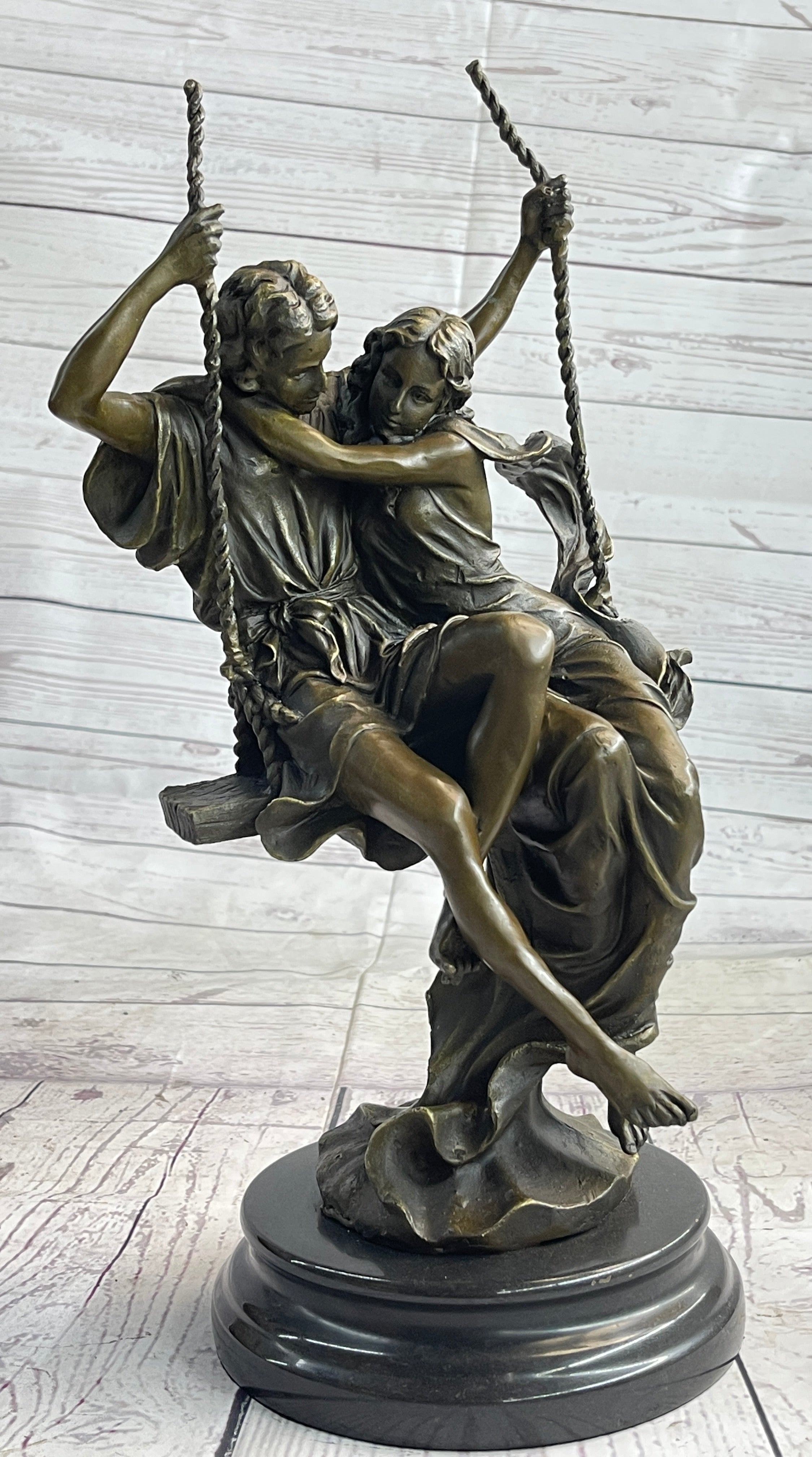 Romantic Lovers Couple Man & Woman on Swing Bronze 14" x 7.5"
