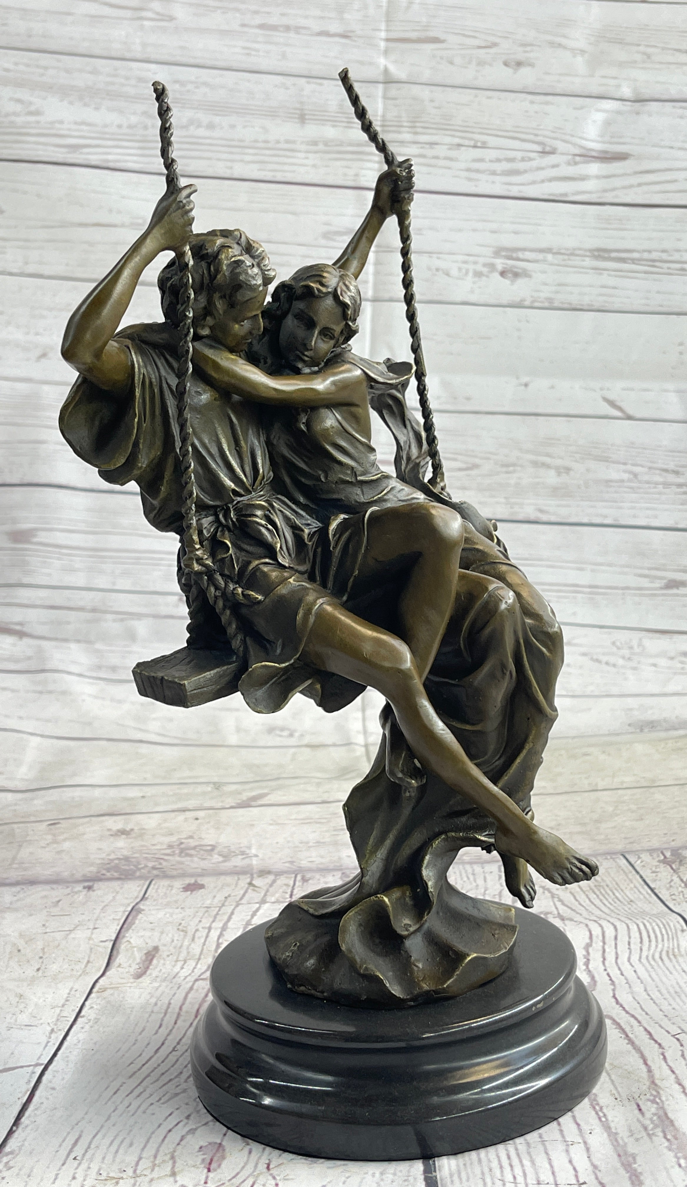 Romantic Lovers Couple Man & Woman on Swing Bronze 14" x 7.5"