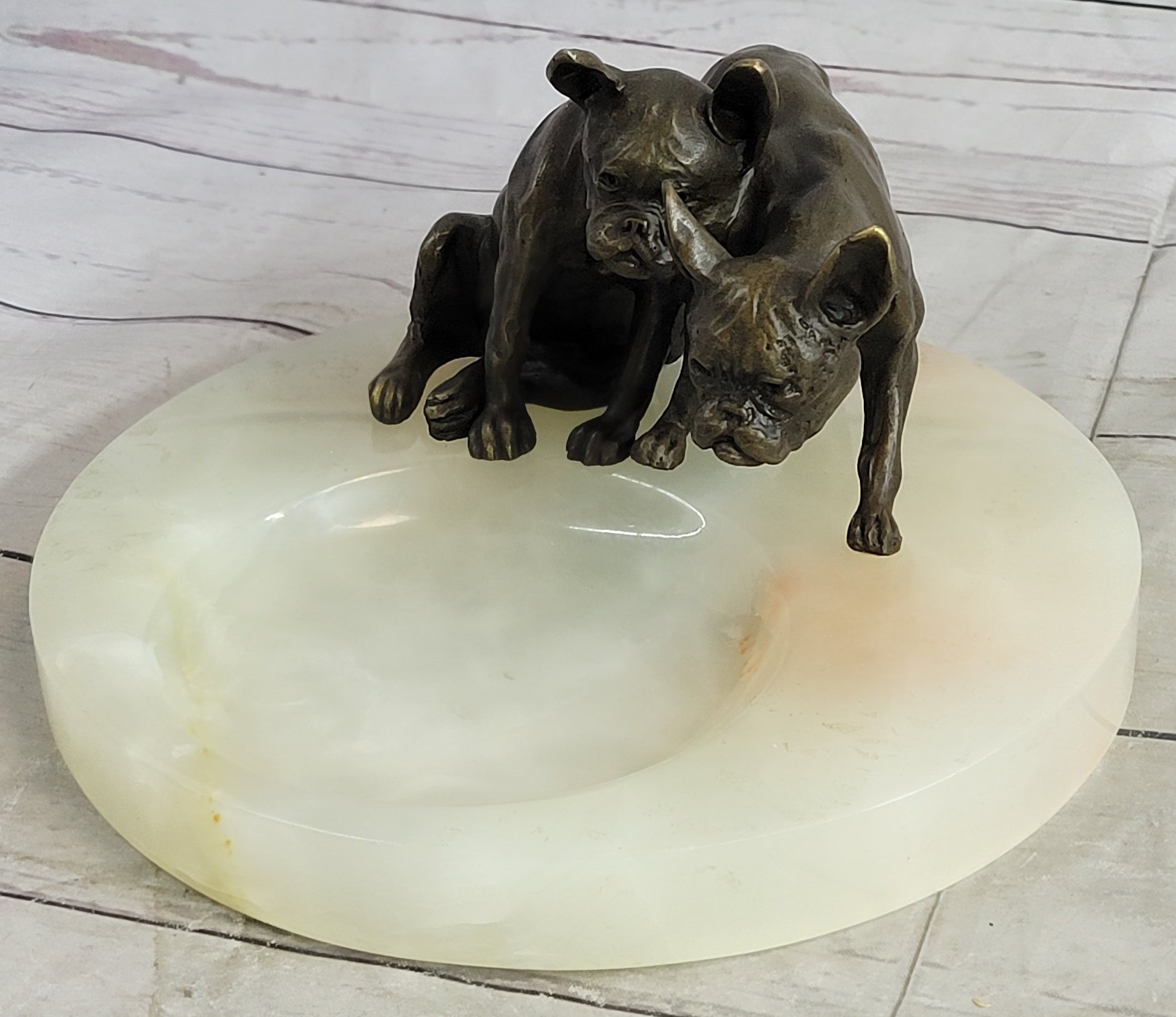 French Bulldog Pug Bronze & Onyx Stone Key Card Holder Tray