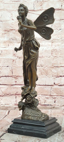 Signed Fairy with Flower Genuine Bronze Sculpture Romantic Gesture Statue