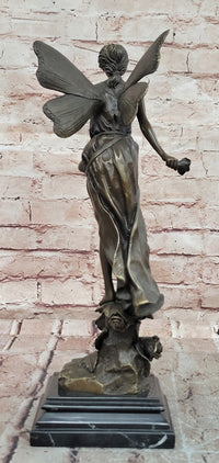 Signed Fairy with Flower Genuine Bronze Sculpture Romantic Gesture Statue