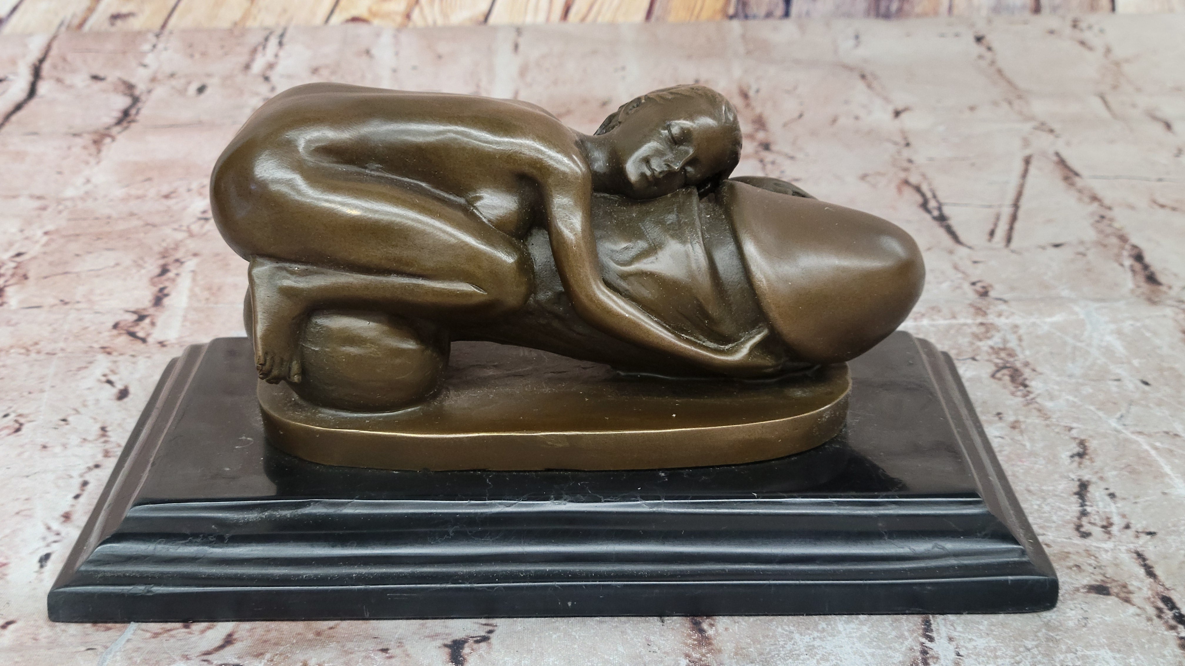 Erotic Surrealist Bronze Sculpture of Nude Woman Embracing Phallus
