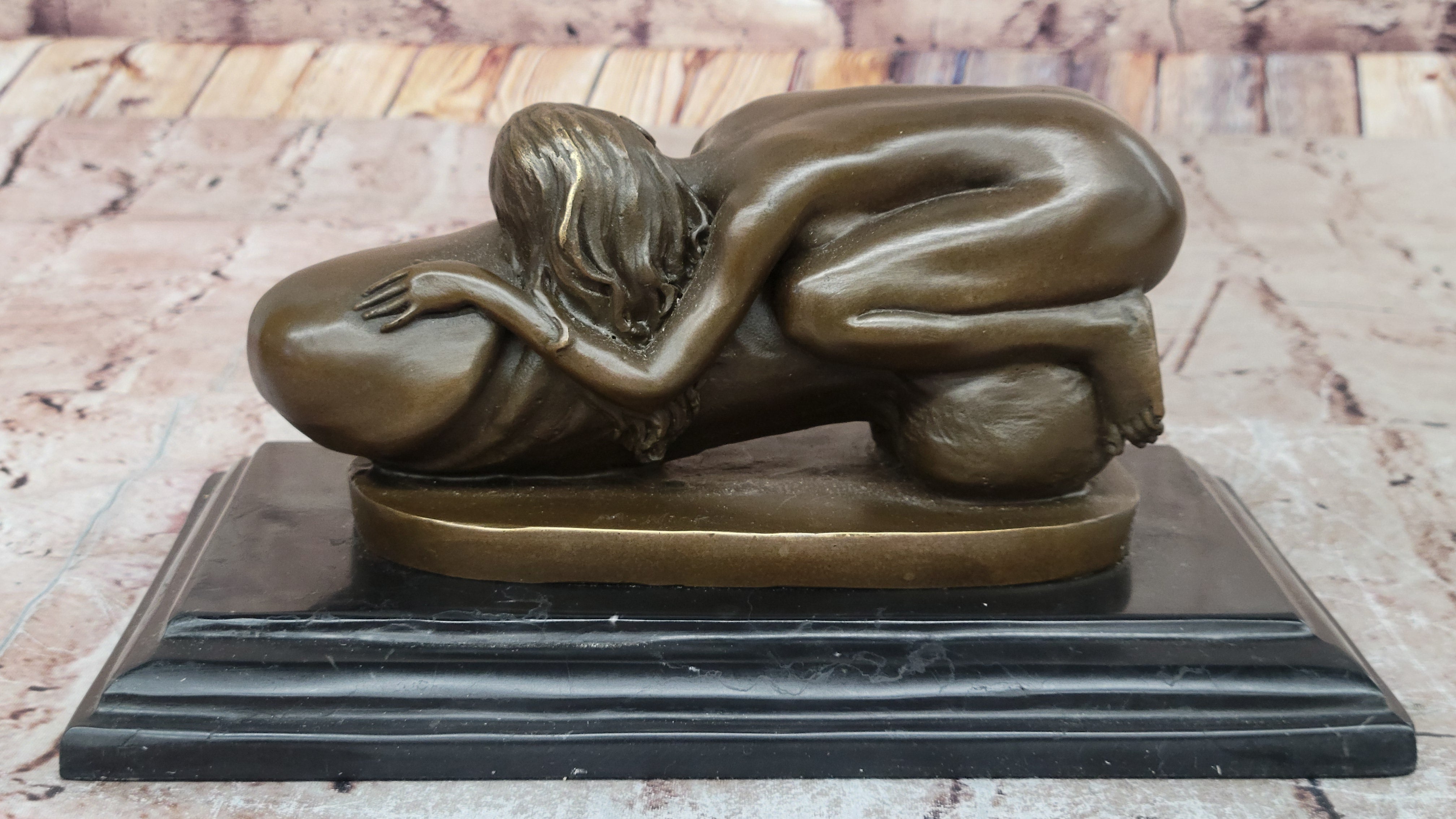 Erotic Surrealist Bronze Sculpture of Nude Woman Embracing Phallus
