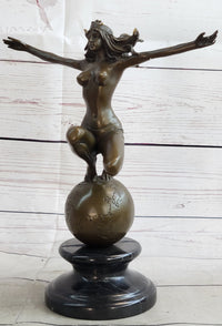 Gaia Earth Mother Nude Female Figure Girl Standing World Globe Bronze Sculpture