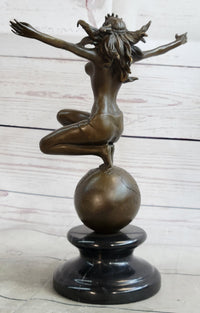 Gaia Earth Mother Nude Female Figure Girl Standing World Globe Bronze Sculpture
