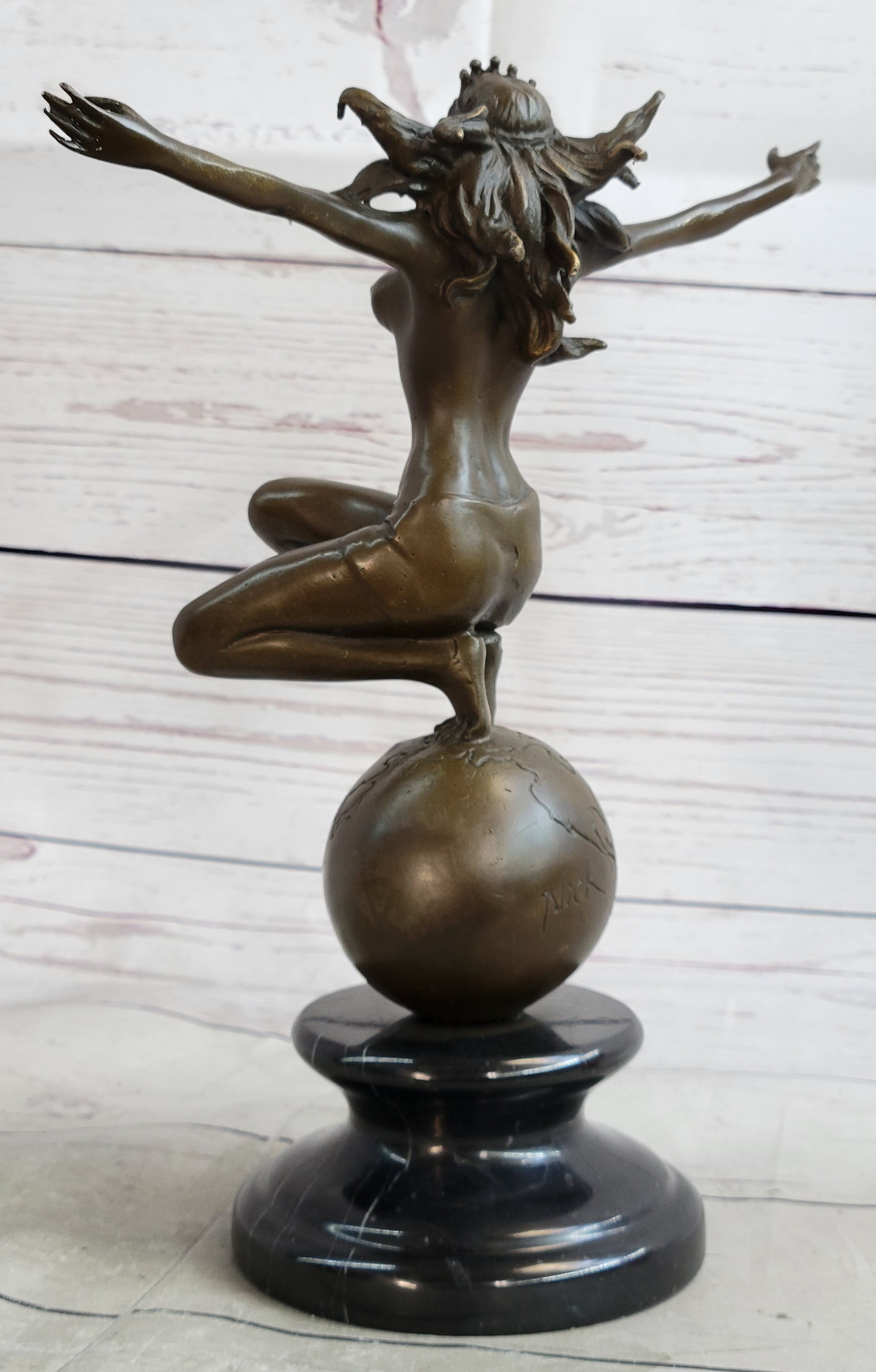 Gaia Earth Mother Nude Female Figure Girl Standing World Globe Bronze Sculpture