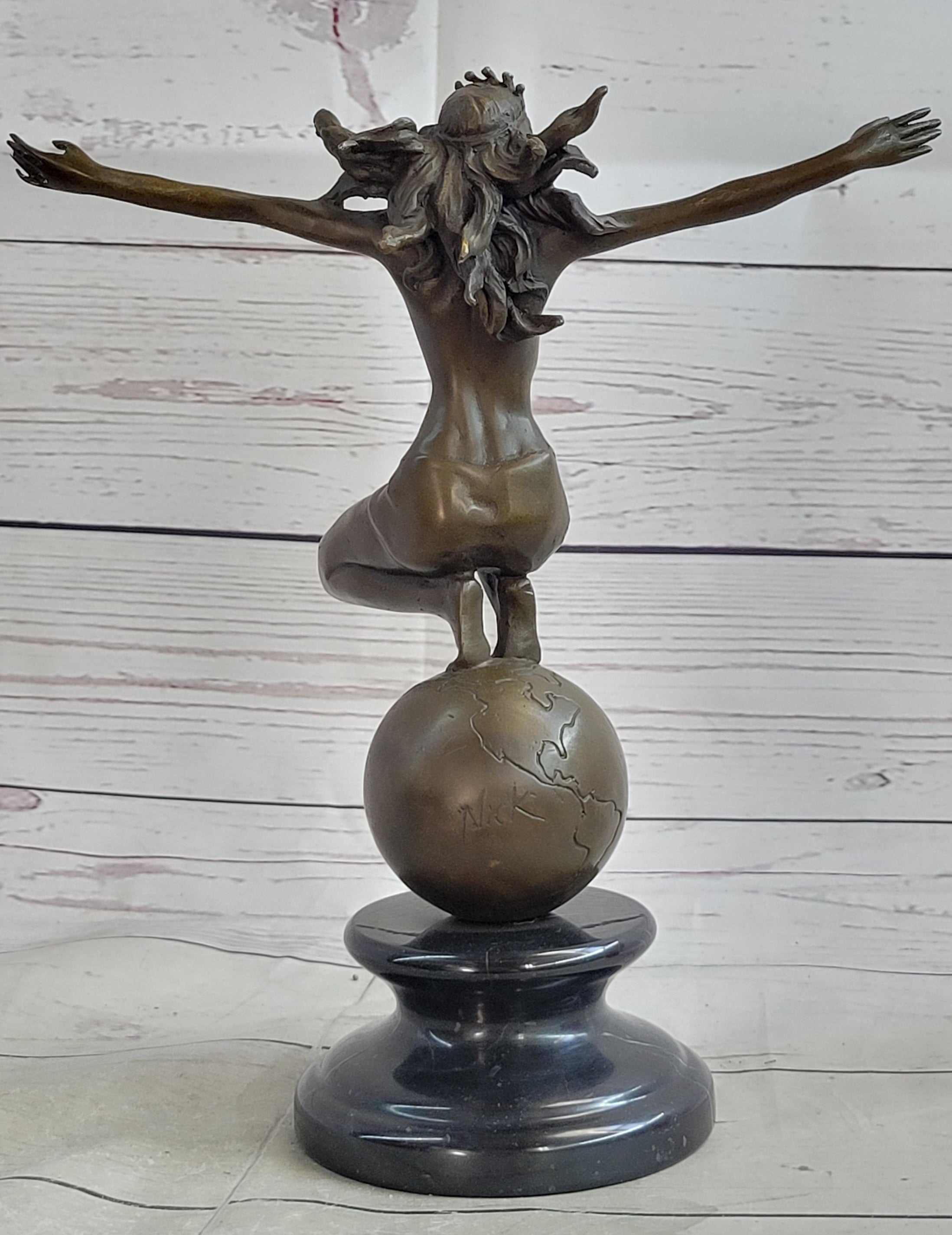 Gaia Earth Mother Nude Female Figure Girl Standing World Globe Bronze Sculpture