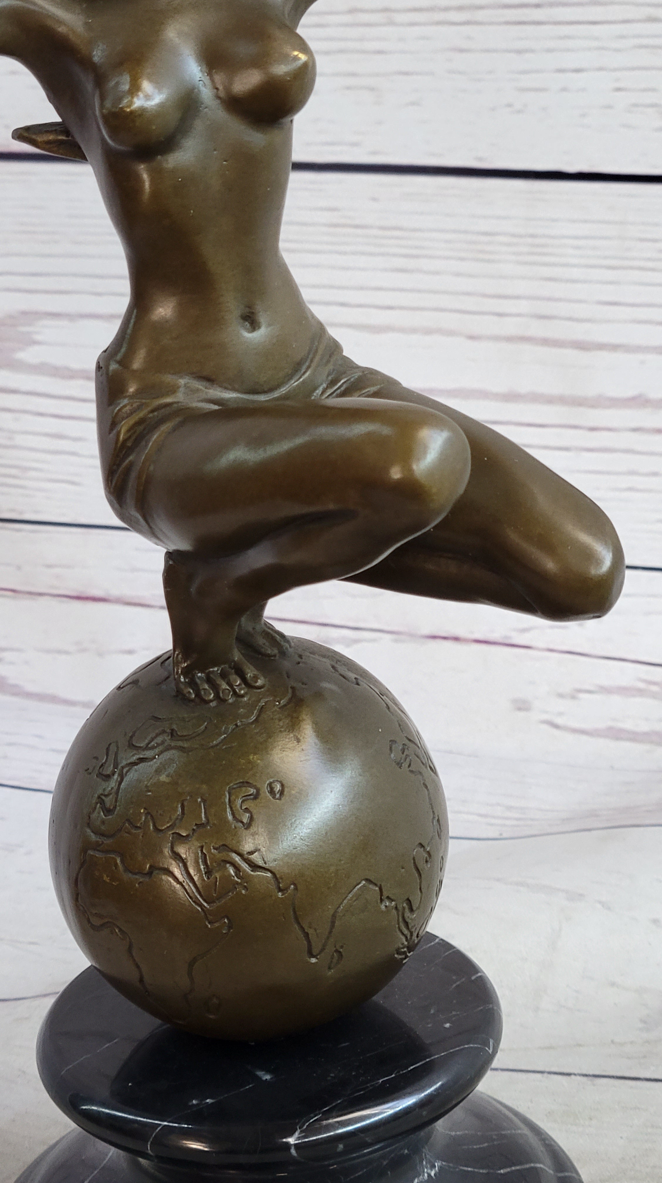 Gaia Earth Mother Nude Female Figure Girl Standing World Globe Bronze Sculpture