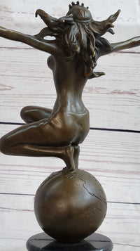 Gaia Earth Mother Nude Female Figure Girl Standing World Globe Bronze Sculpture