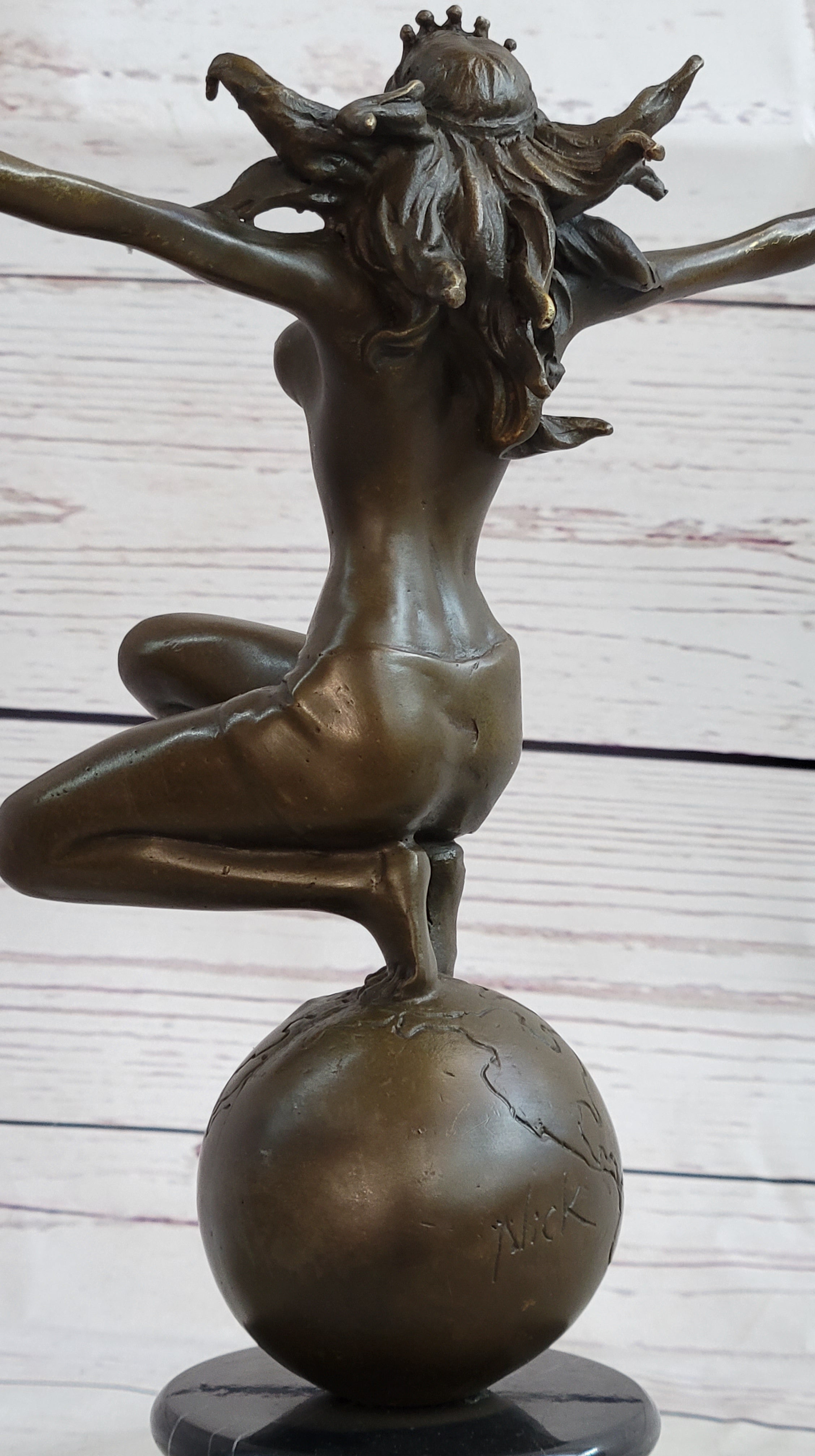 Gaia Earth Mother Nude Female Figure Girl Standing World Globe Bronze Sculpture