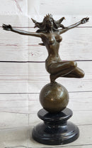 Gaia Earth Mother Nude Female Figure Girl Standing World Globe Bronze Sculpture