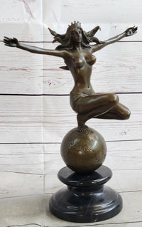 Gaia Earth Mother Nude Female Figure Girl Standing World Globe Bronze Sculpture