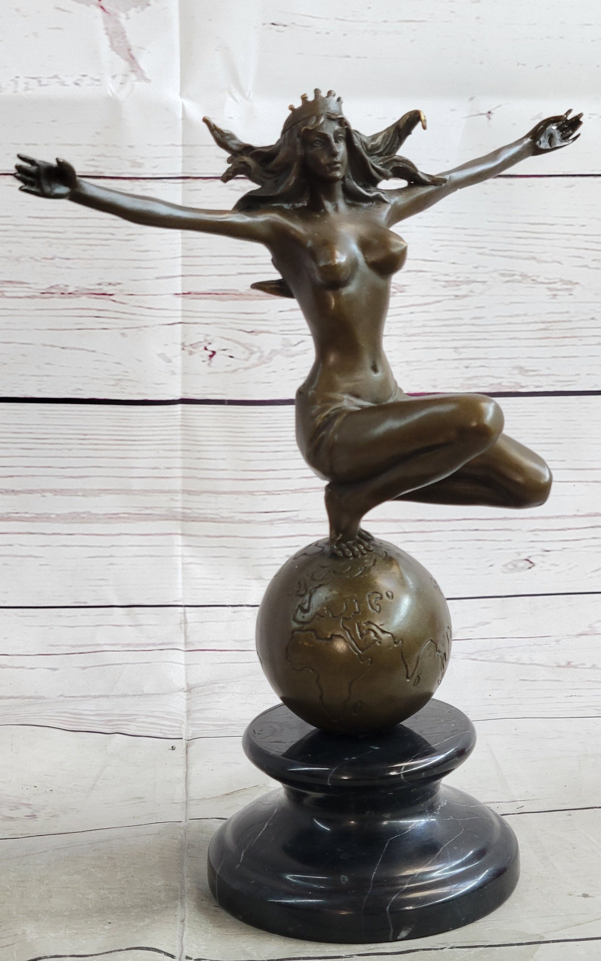 Gaia Earth Mother Nude Female Figure Girl Standing World Globe Bronze Sculpture