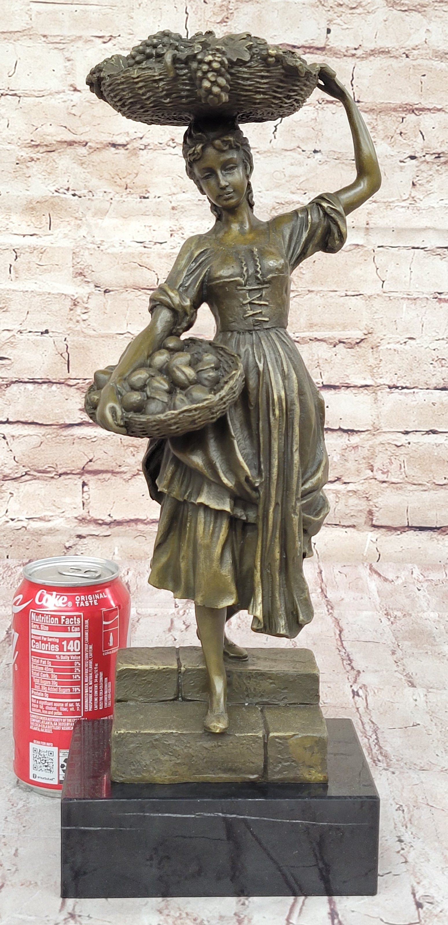 Girl Carrying Basket of Fruit - Bronze Sculpture on Marble Base