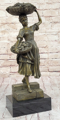 Girl Carrying Basket of Fruit - Bronze Sculpture on Marble Base