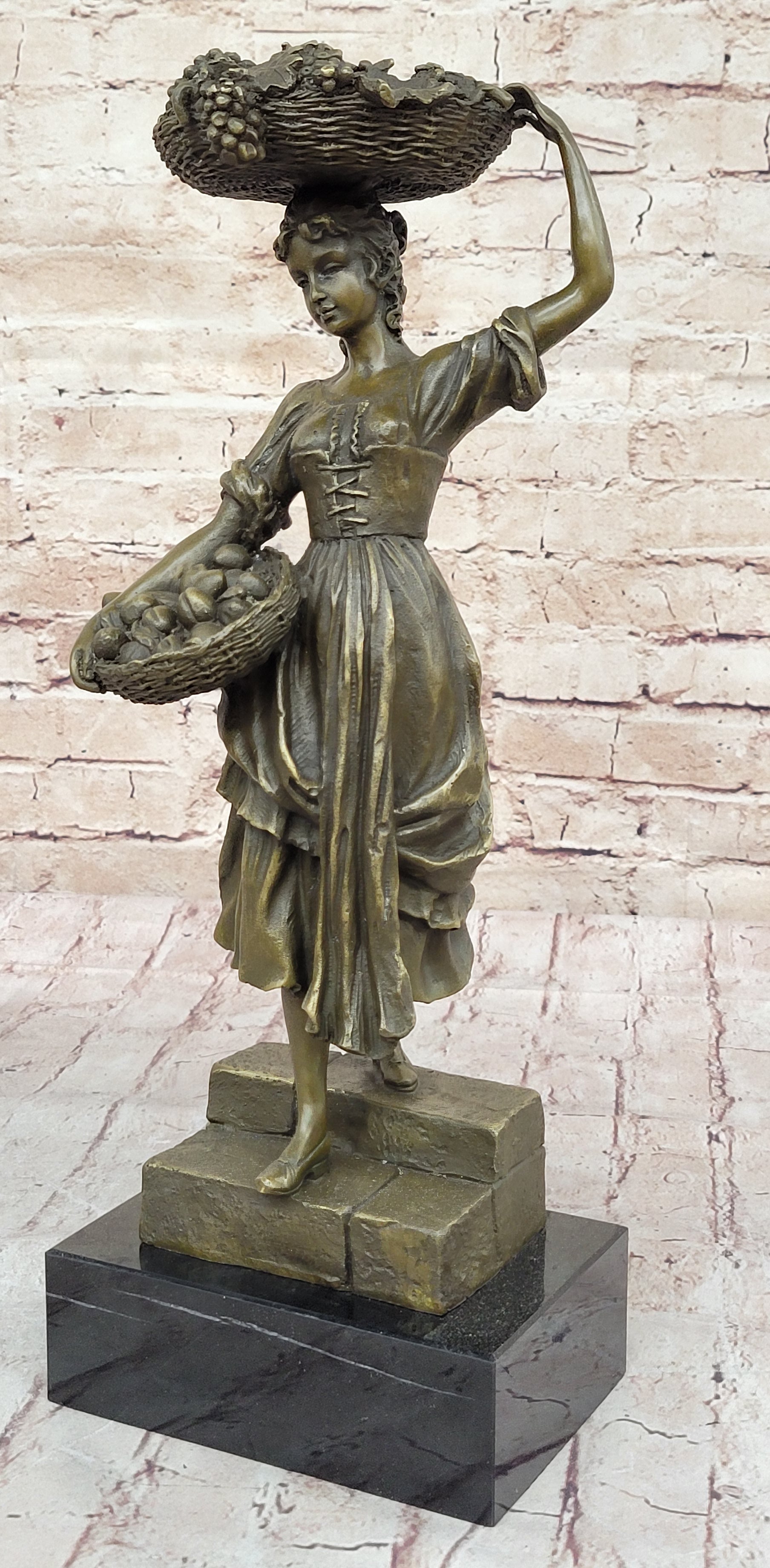 Girl Carrying Basket of Fruit - Bronze Sculpture on Marble Base