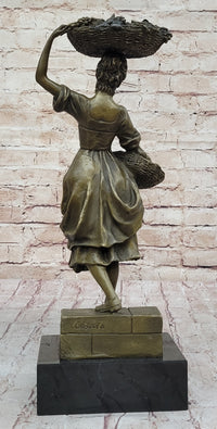Girl Carrying Basket of Fruit - Bronze Sculpture on Marble Base