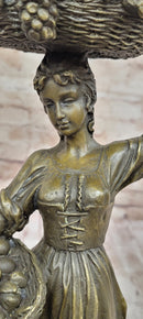 Girl Carrying Basket of Fruit - Bronze Sculpture on Marble Base