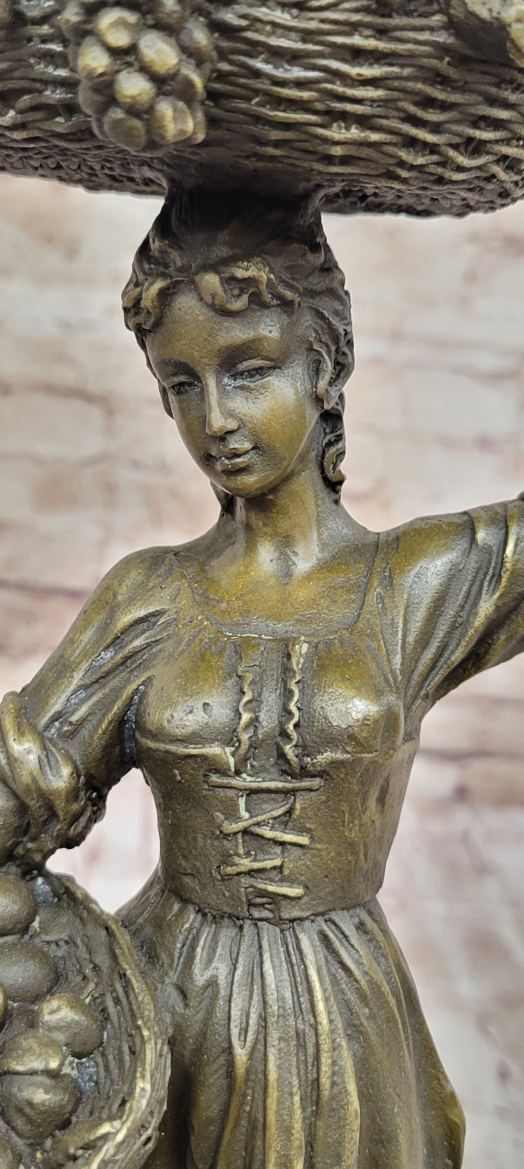 Girl Carrying Basket of Fruit - Bronze Sculpture on Marble Base