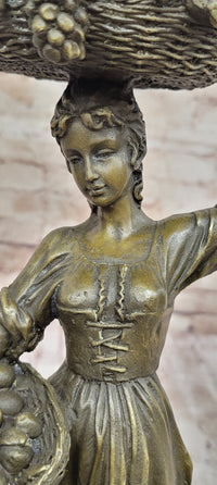 Girl Carrying Basket of Fruit - Bronze Sculpture on Marble Base