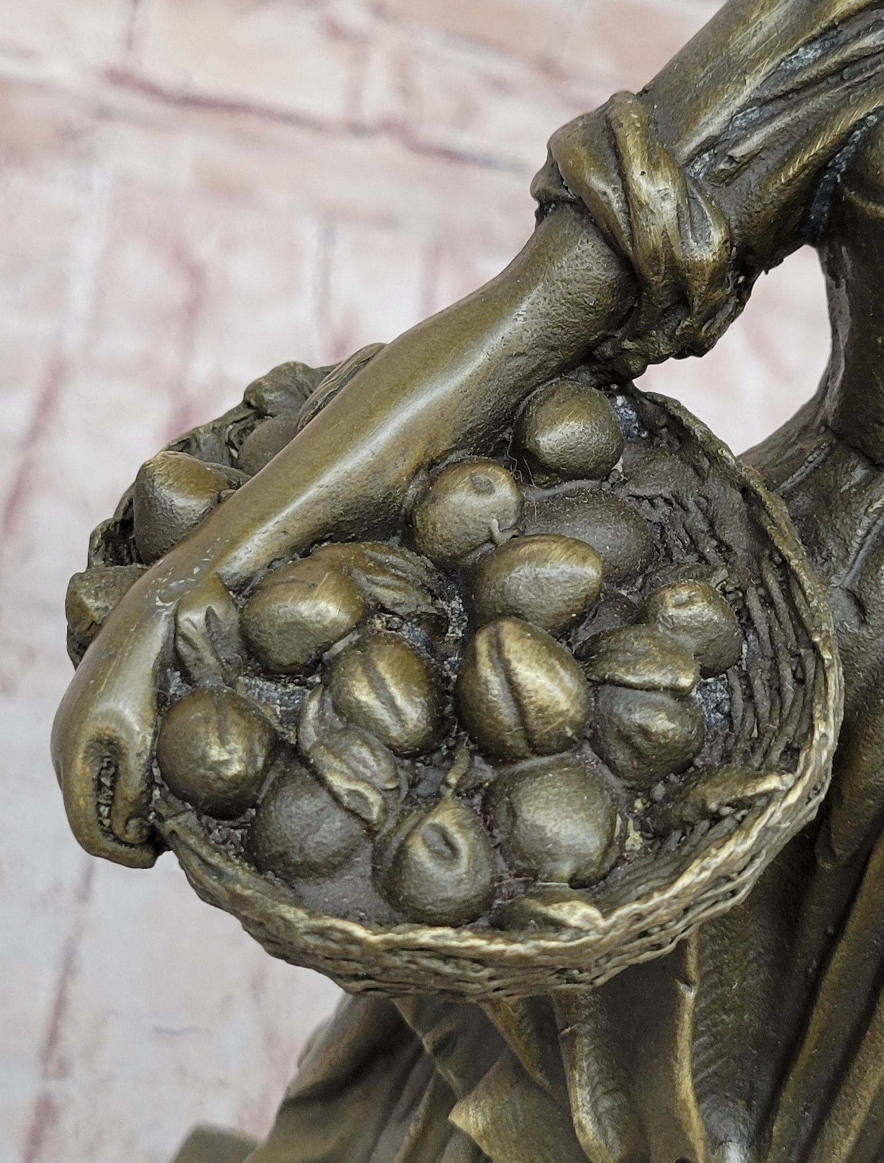 Girl Carrying Basket of Fruit - Bronze Sculpture on Marble Base