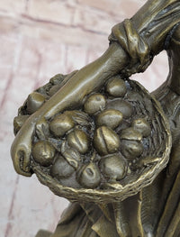 Girl Carrying Basket of Fruit - Bronze Sculpture on Marble Base