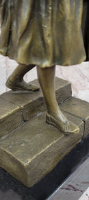 Girl Carrying Basket of Fruit - Bronze Sculpture on Marble Base