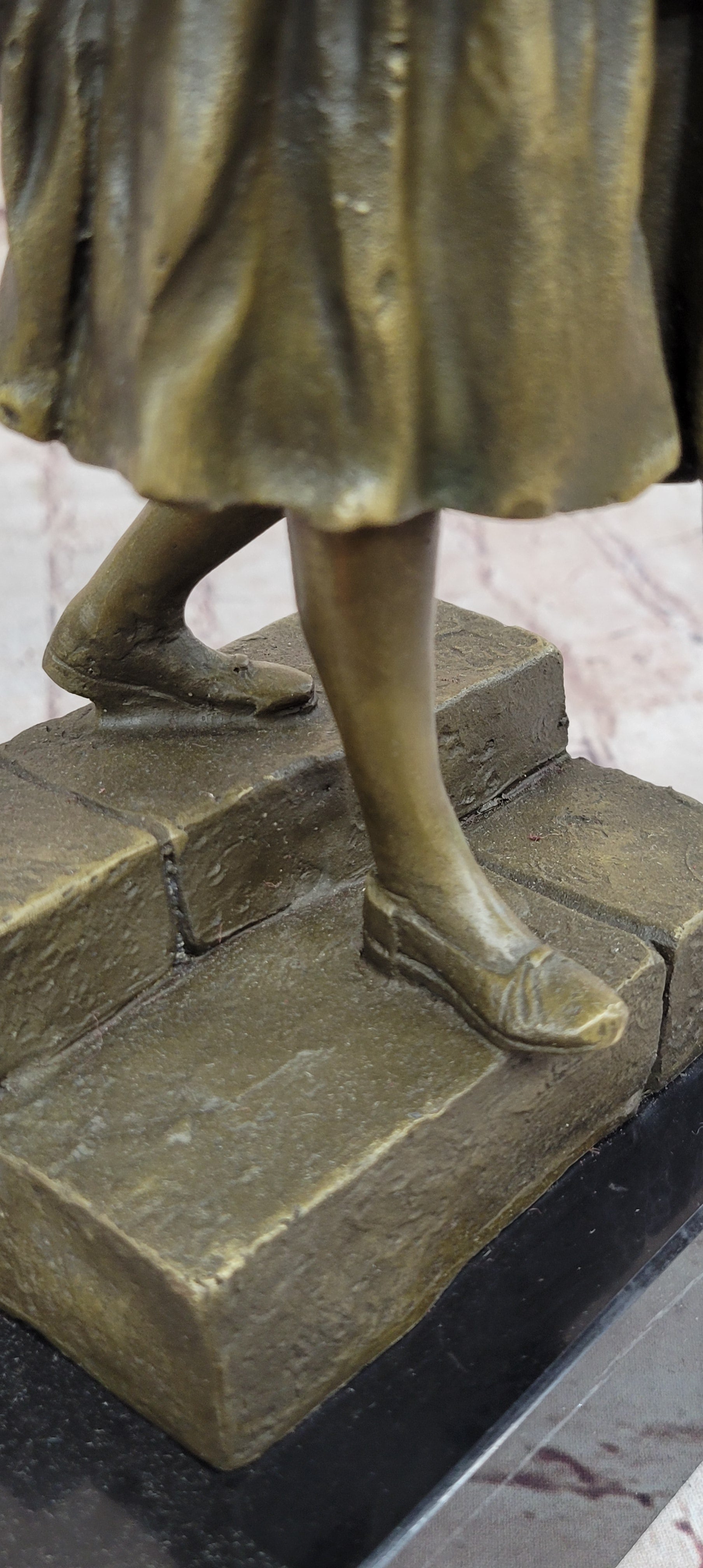 Girl Carrying Basket of Fruit - Bronze Sculpture on Marble Base
