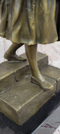 Girl Carrying Basket of Fruit - Bronze Sculpture on Marble Base