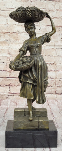 Girl Carrying Basket of Fruit - Bronze Sculpture on Marble Base