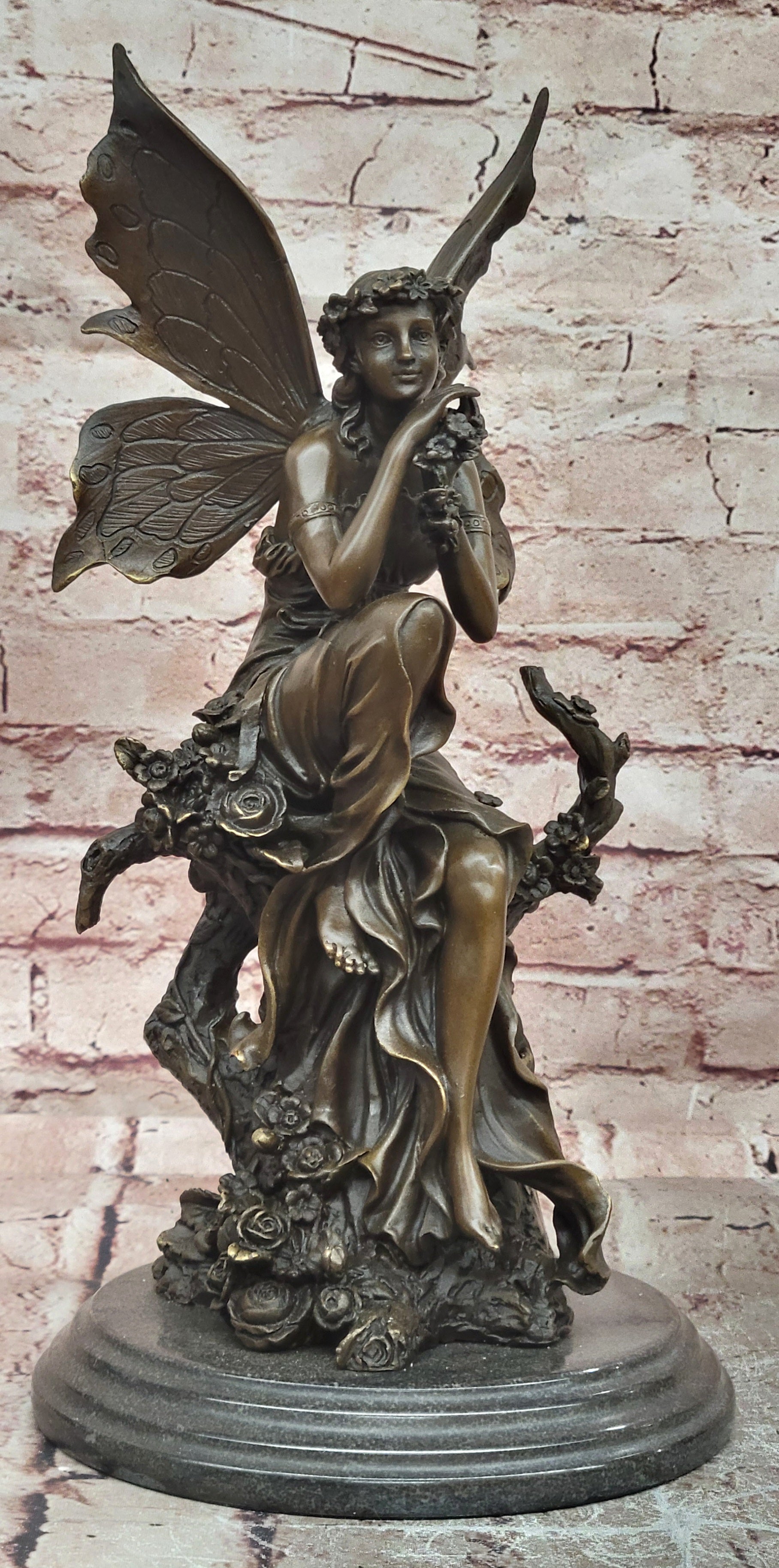 Signed Original Cesaro a Wood Nymph Fairy with Wings Bronze Sculpture Statue