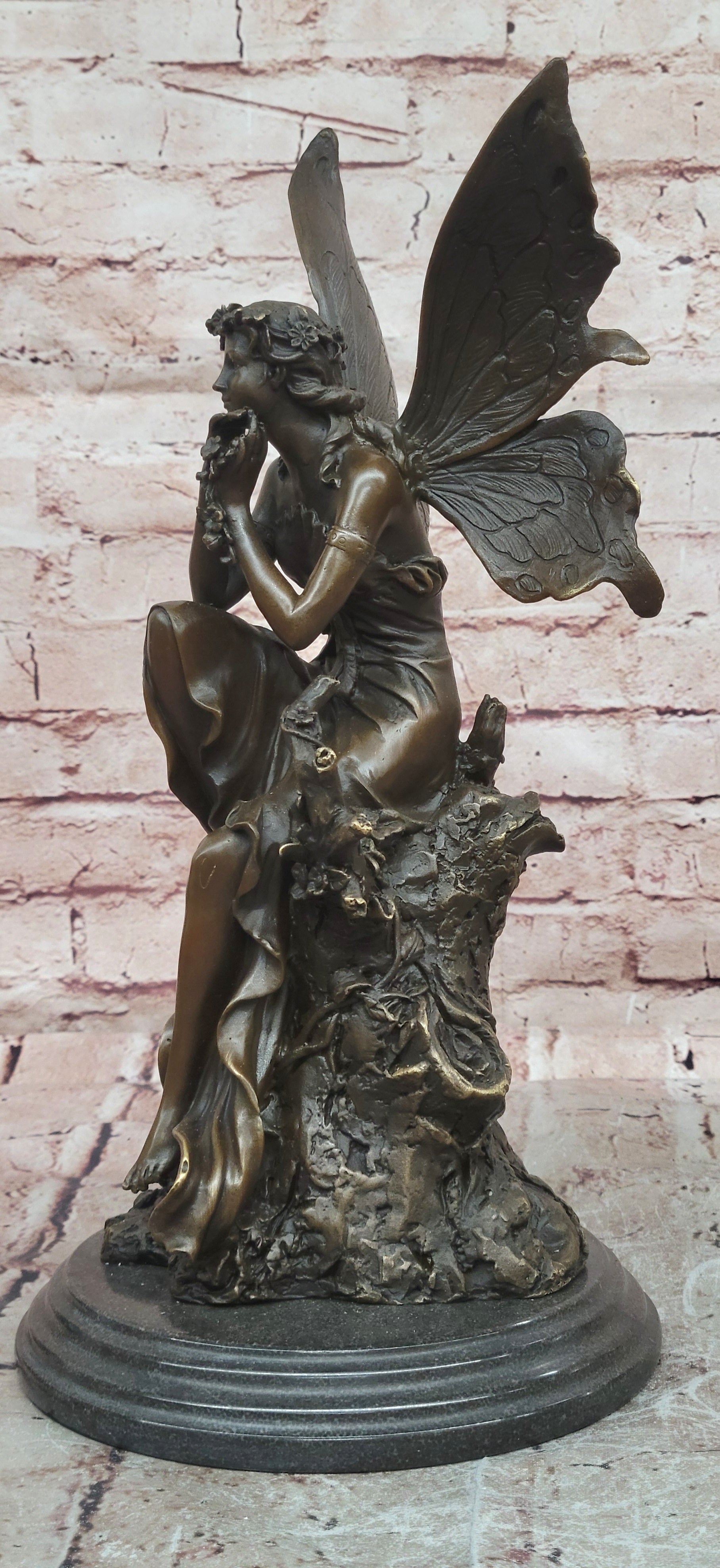 Signed Original Cesaro a Wood Nymph Fairy with Wings Bronze Sculpture Statue