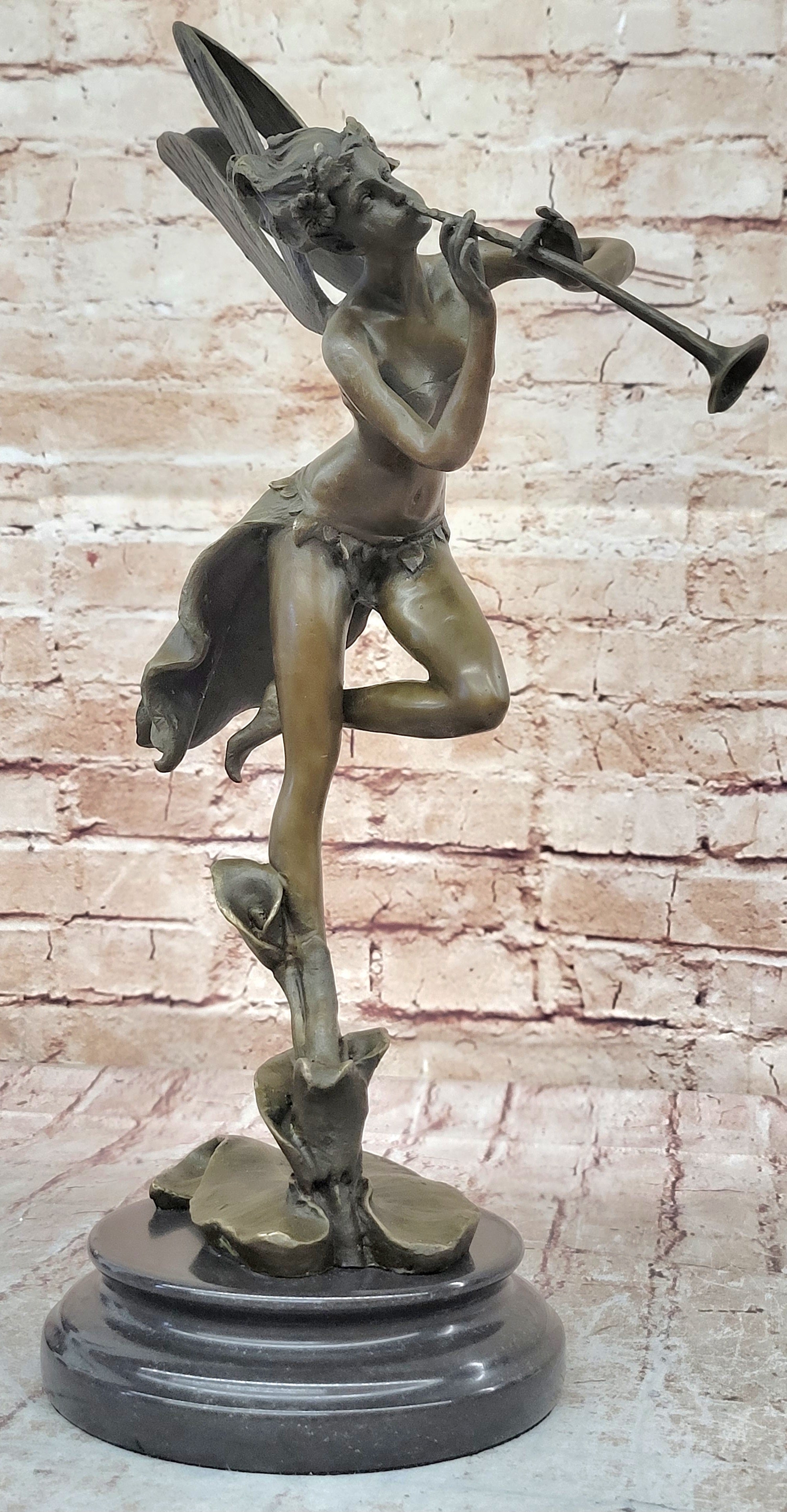 Trumpeting Winged Angel Fairy Garden Bronze Sculpture 15" x 10"