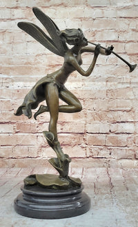 Trumpeting Winged Angel Fairy Garden Bronze Sculpture 15" x 10"