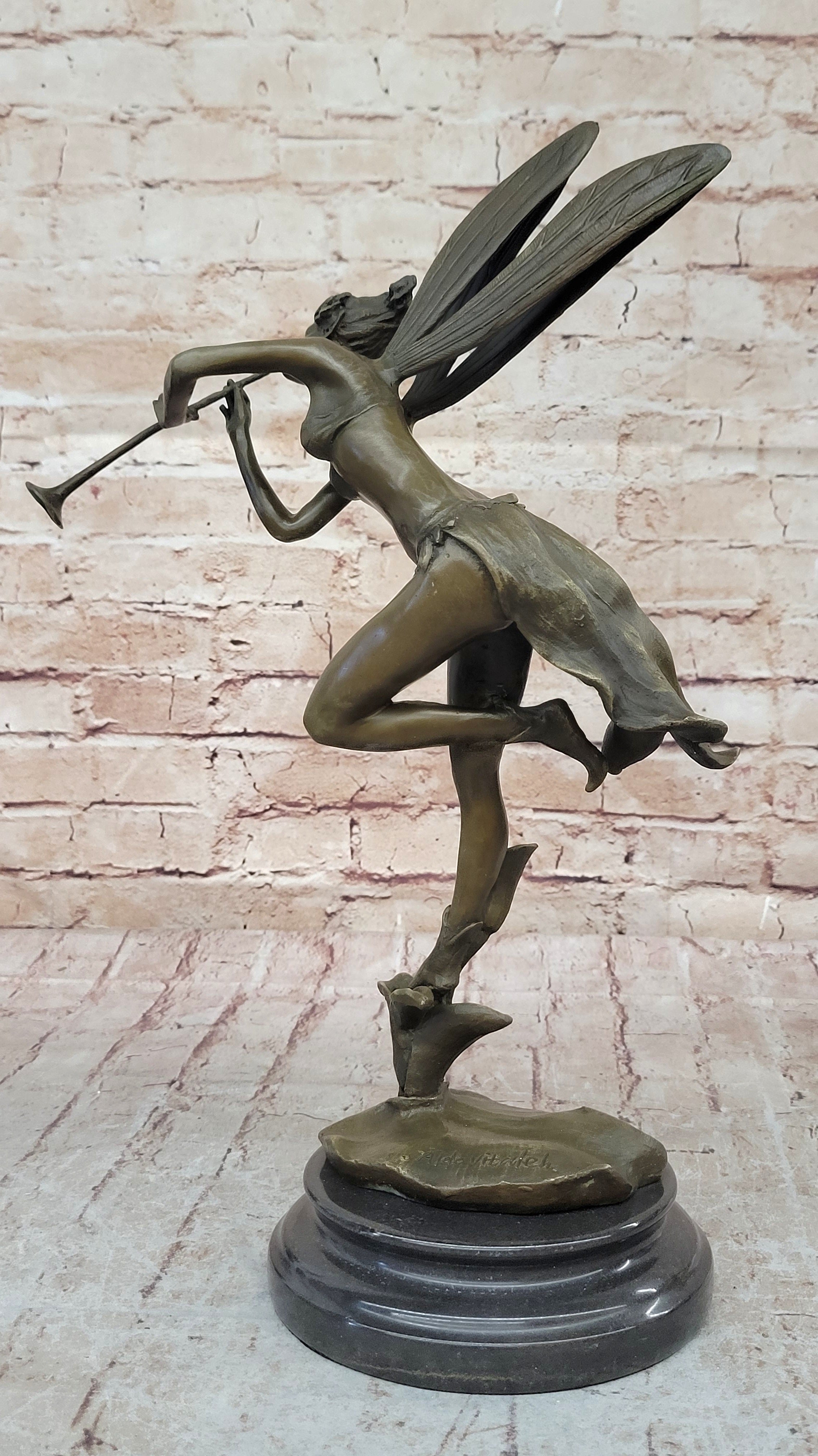 Trumpeting Winged Angel Fairy Garden Bronze Sculpture 15" x 10"